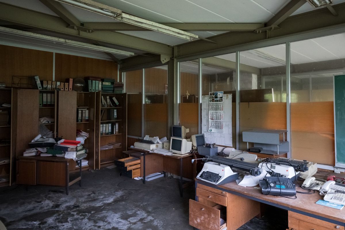 A messy office in an abandoned building
