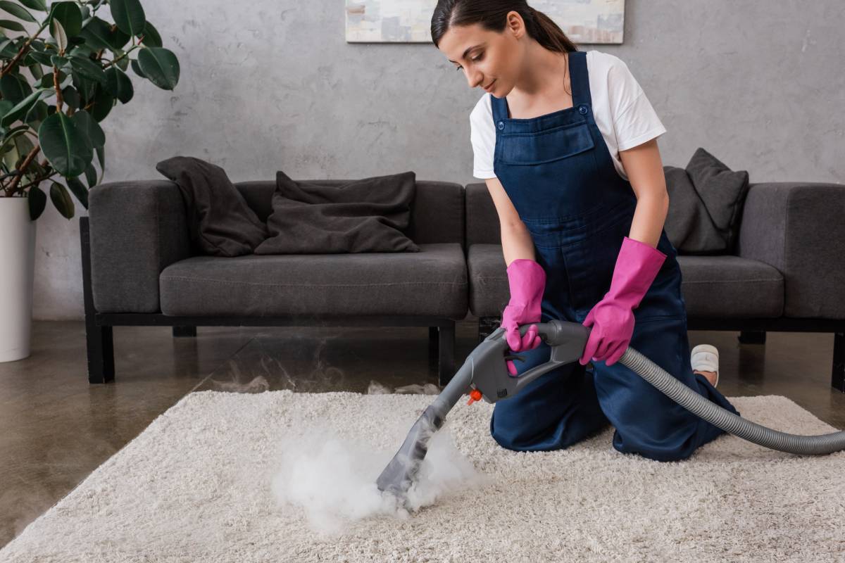Beautiful cleaner in rubber gloves cleaning carpet with hot steam in living room