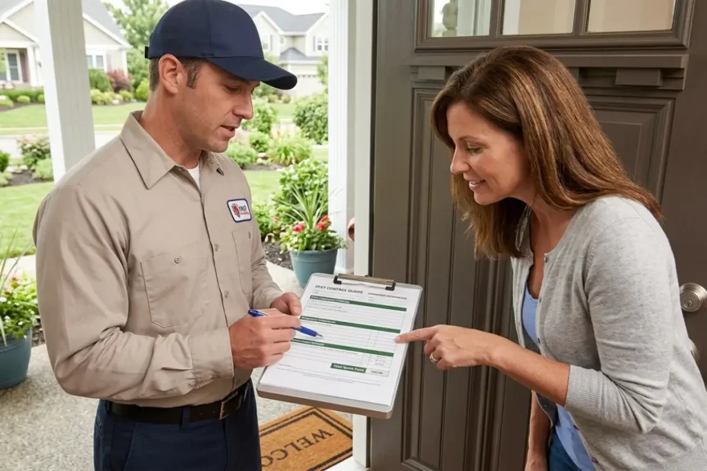 Licensed pest exterminator discussing treatment plan and cost with Australian homeowner