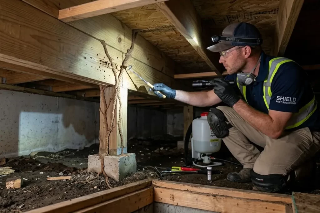 Licensed pest inspector checking subfloor of Australian home