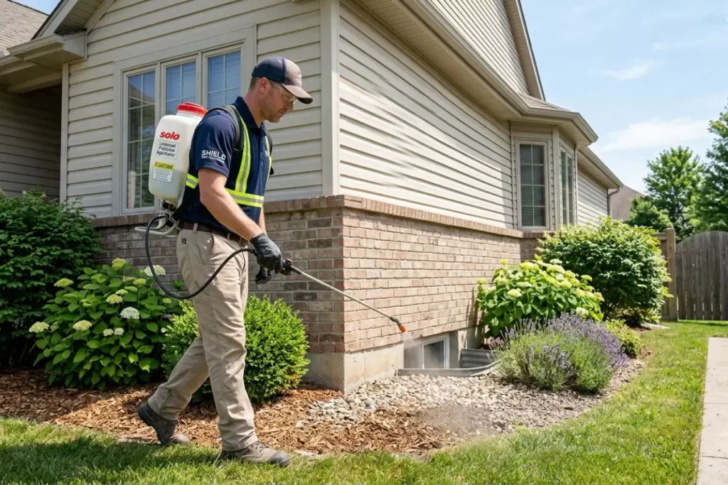 Pest exterminator treating home exterior in Australia