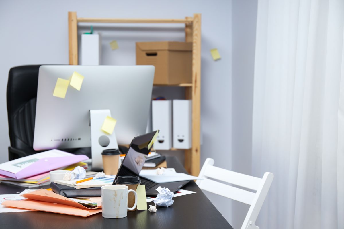 Messy office workplace, workplace and workspace concept